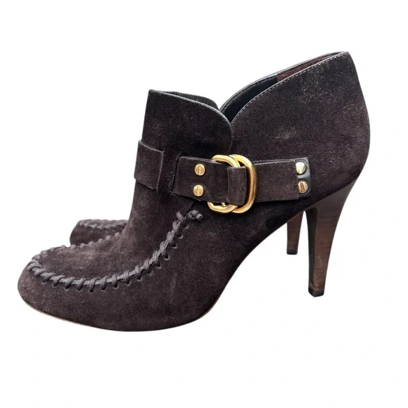 TORY BURCH Belen Suede Ankle Stiletto Booties Brown Buckle Women’s Size 10.5